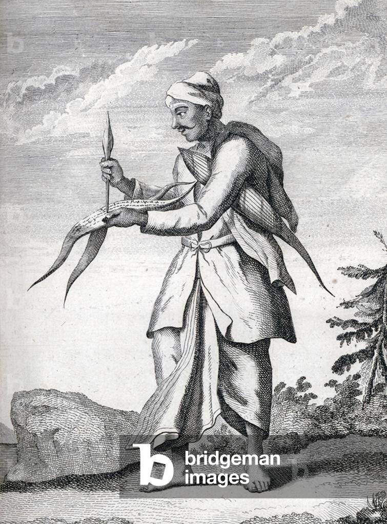 India: An Indian writing on palm leaves (Pierre Sonnerat, 1782).