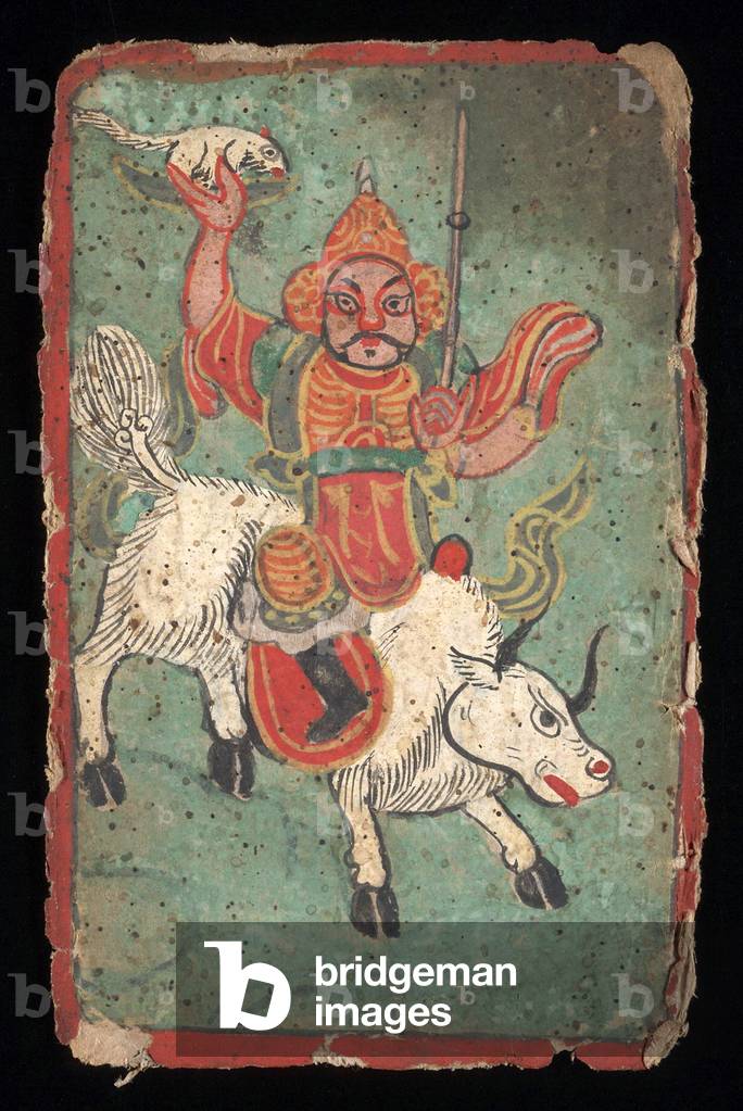 China: Naxi religious texts and cards from Yunnan, 19th century: Naxi warrior riding a white cow