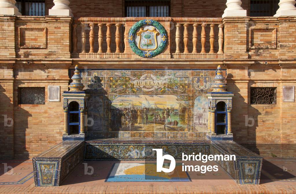 Spain: Huelva, one of the elaborately tiled ceramic Provincial Alcoves, Plaza de España (Spain Square), Seville