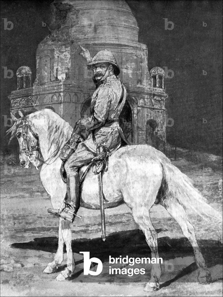 United Kingdom / Sudan / India: Field Marshal Horatio Herbert Kitchener, 1st Earl Kitchener (1850 - 1916), pointing at the Tomb of the Mahdi, Omdurman, after he had ordered it blown up (1898)