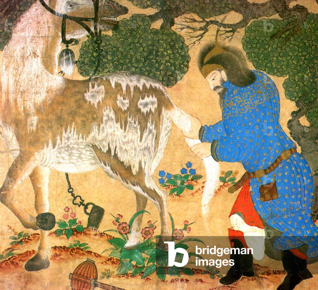 Central Asia: Siyah Kalem School, 15th century: A warrior tends to his horse.