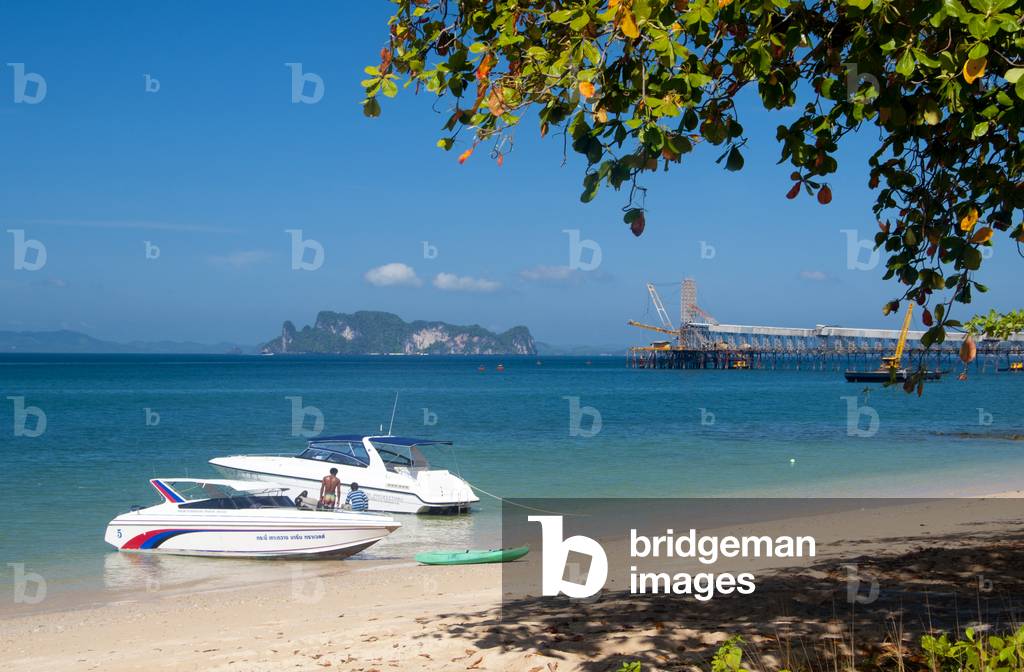 Thailand: Speedboats and the pier for the gypsum mine at the northern end of Hat Khlong Muang, Krabi Coast