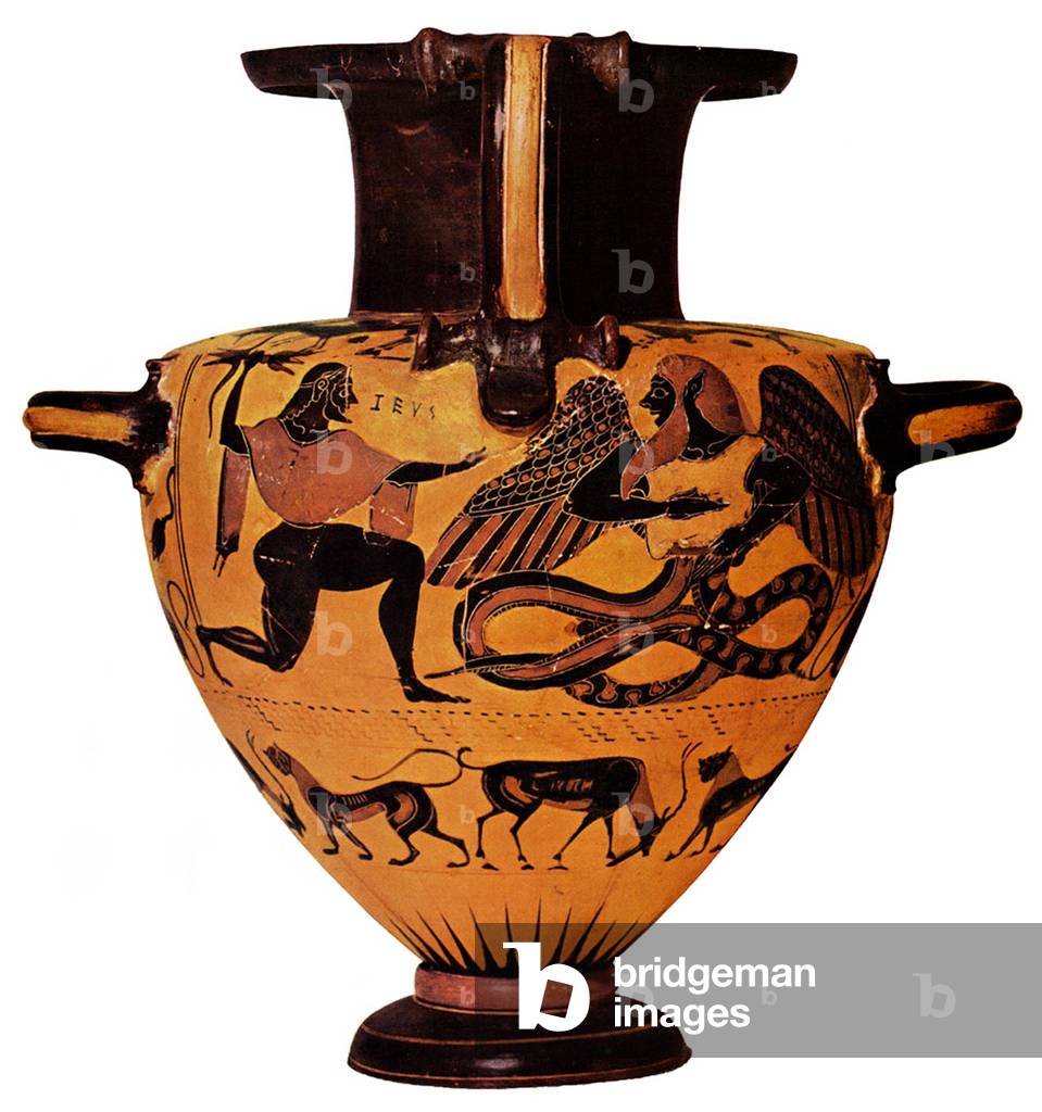 Greece: Zeus hurling a thunderbolt at Typhon represented on an Athenian vase, c. 490 BCE