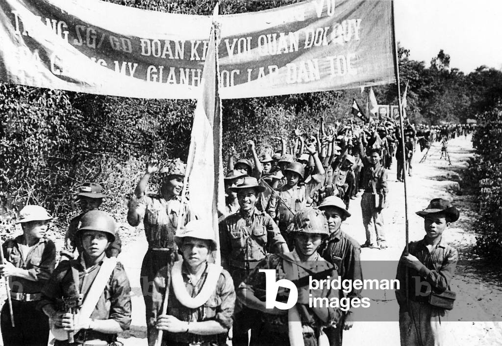 Vietnam: A parade in support of the Cuban people against the US, Cu Chi, South Vietnam, Second Indochina War (Vietnam War) (1963)