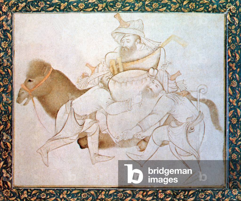 Iran: A Persian drawing of a camel being loaded with merchandise for transport to Europe.