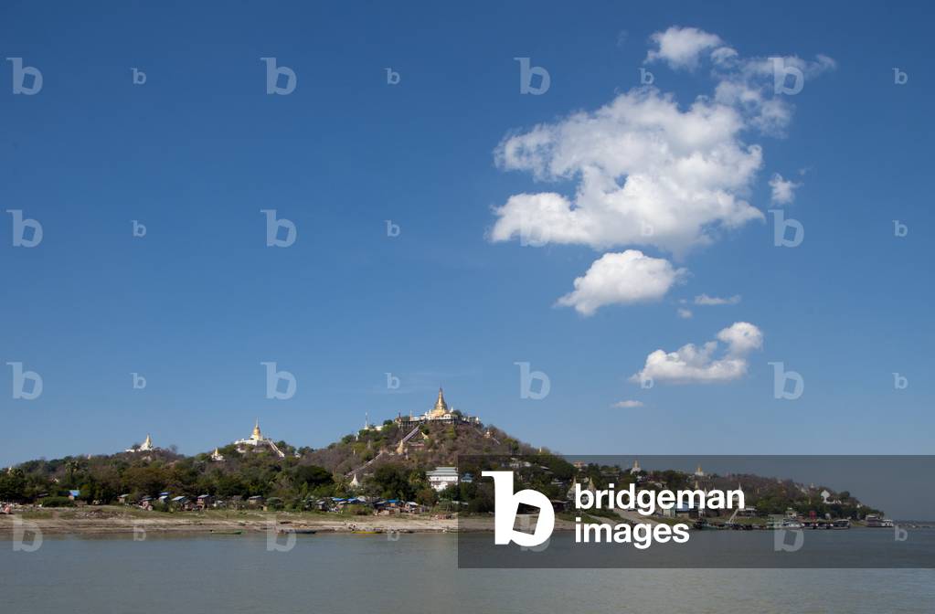 Burma / Myanmar: Pagodas at Sagaing seen from the Irrawaddy / Ayeyarwady River, near Mandalay