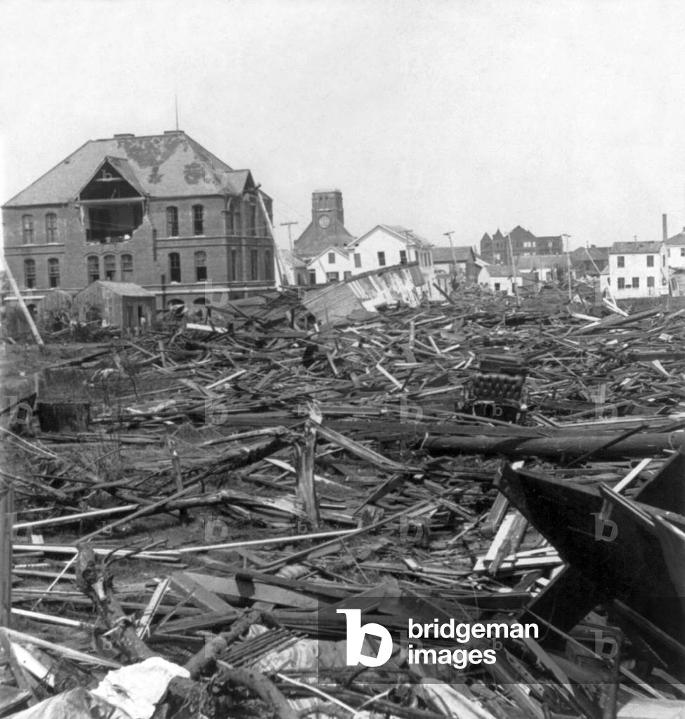 USA: The 1900 Galveston Hurricane. 'Looking North from Ursuline Academy, showing wrecked Negro High School Building', 1900