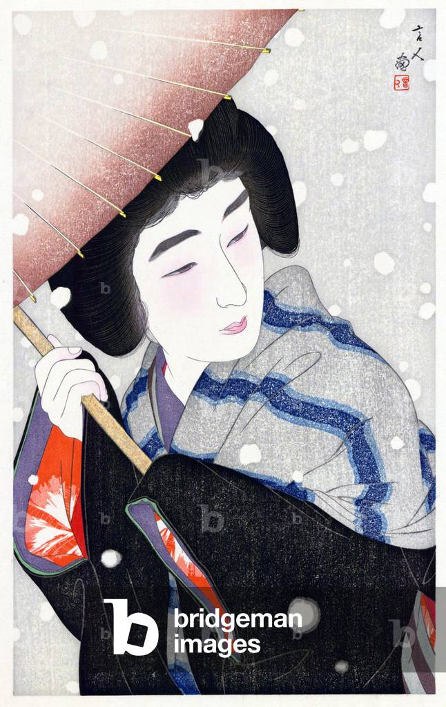 Japan: 'Peony Snowflakes'. No. 9 in the series 'Twelve Aspects of Women'. Shin-hanga woodblock print by Torii Kotondo (1900-1976), 1933