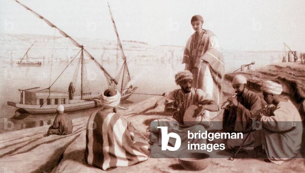 Egypt: A sketch by Edward W. Lane of fishermen playing musical instruments on the banks of the River Nile.