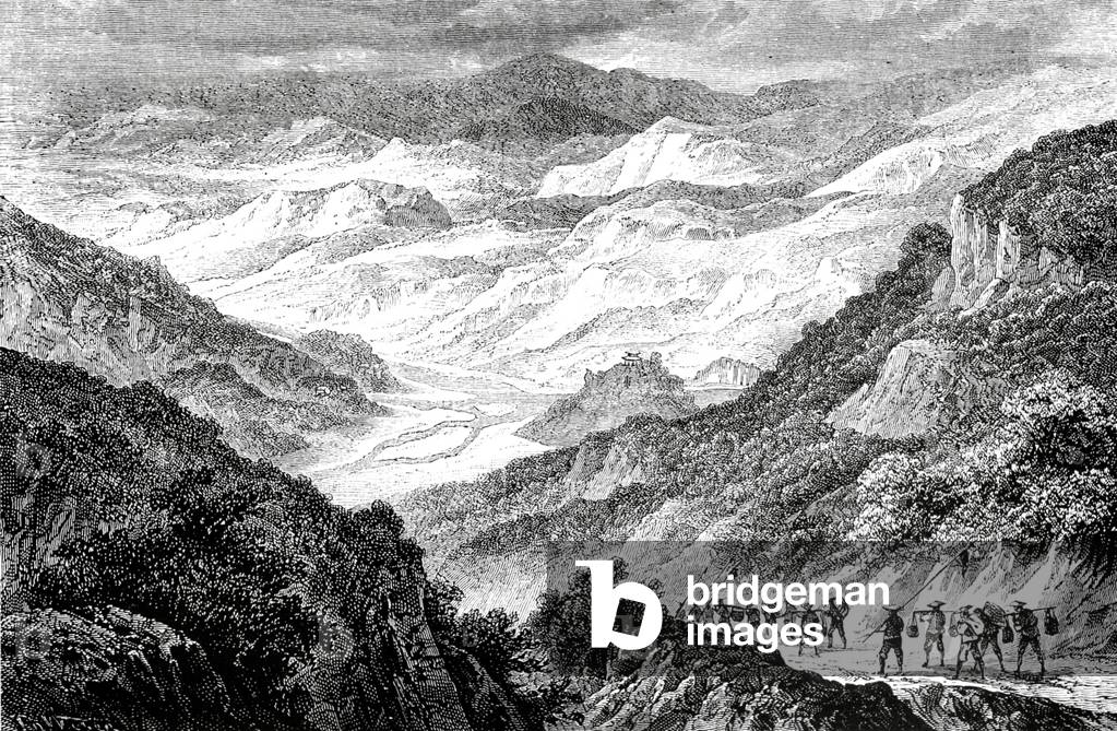 China: A French delegation and its caravan arrive in Nam-La in Yunnan Province in 1867, redrawn from an original sketch by Louis Delaporte.