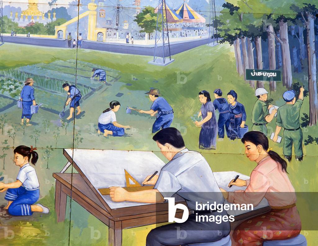 Laos: A worker's paradise, Revolutionary Socialist realist-style political poster on the streets of Vientiane