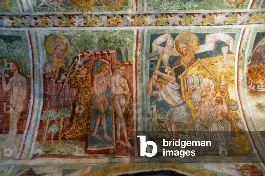 Slovenia: 15th century frescoes by John of Kastav (Johannes de Castua) showing scenes from the Creation of the Earth (Genesis, Old Testament) in the vault of the central nave, Holy Trinity Church, Hrastovlje, Rizana Valley