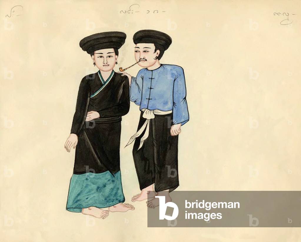 Burma / Myanmar: A Tai Dam couple in ethnic dress. The Shan text identifies them as [Tai] Lam, as does the the Burmese. Both man and woman wear black turbans, while the man smokes a pipe.