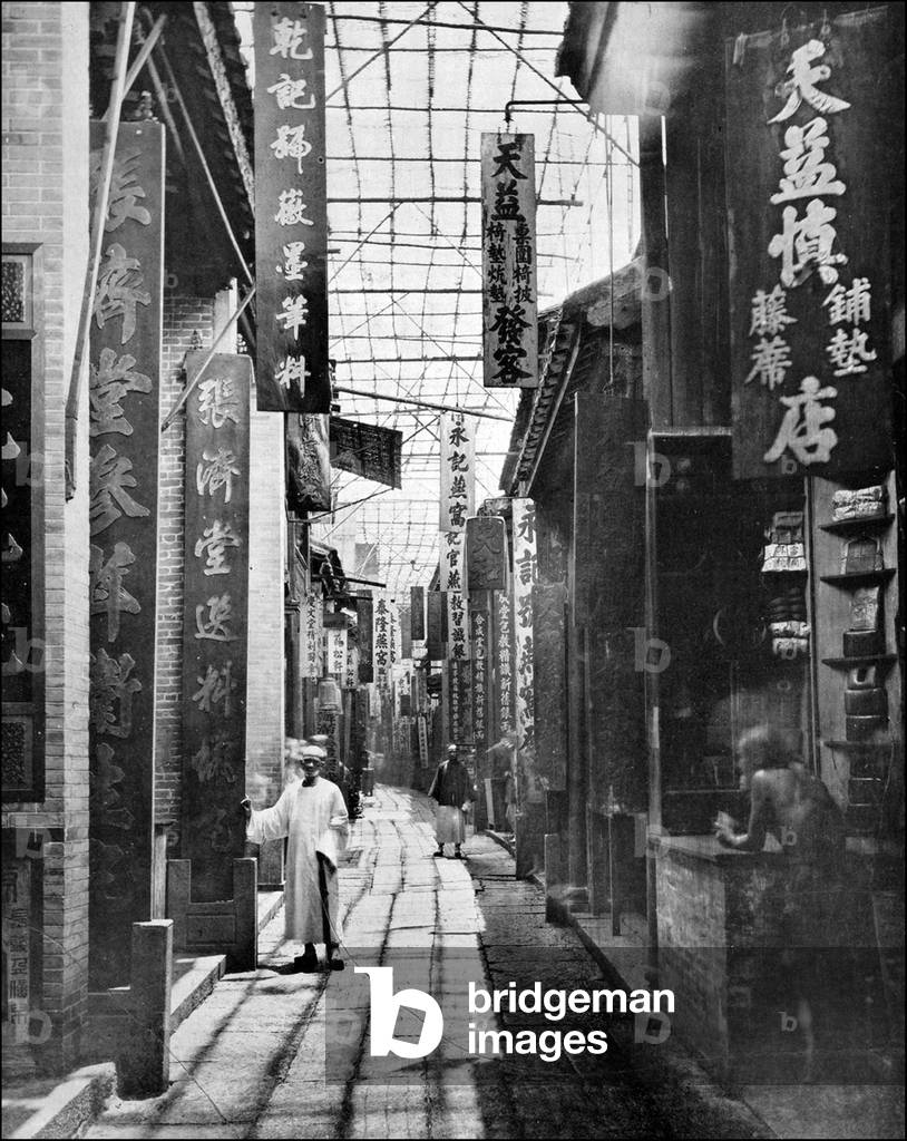 China: The street of traditional pharmacologists, Hong Kong, late 19th century