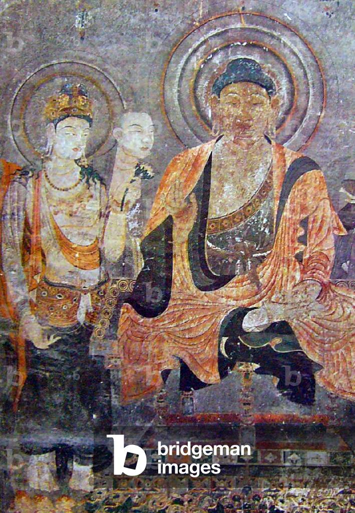 Japan: Lost Horyuji Temple fresco from a pre-1949 photograph: No.1 wall, Shakyamuni Buddha Paradise, detail.