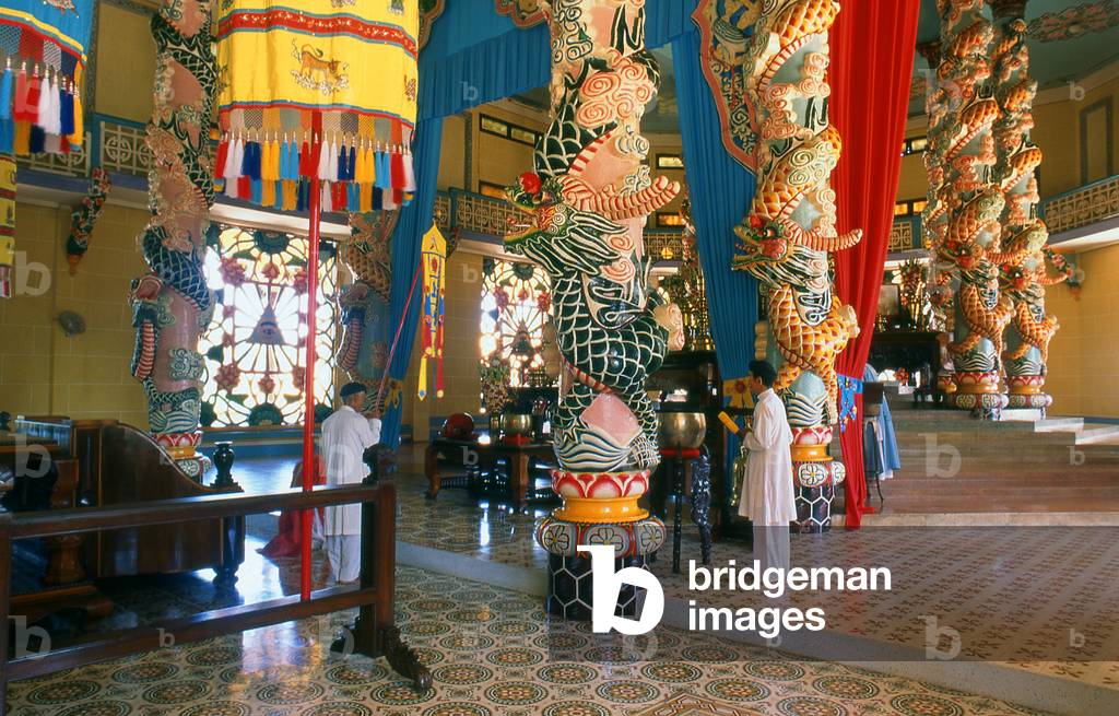 Vietnam: Cao Dai priests inside the main temple at the Cao Dai Temple, Cao Dai Holy See, Tay Ninh Province