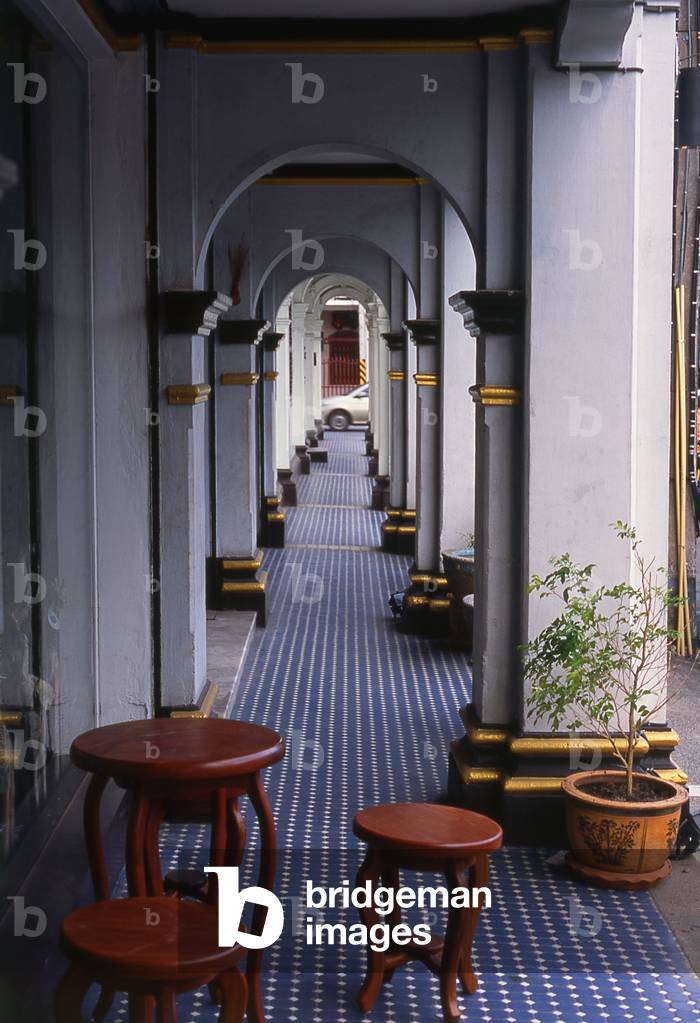 Thailand: The covered walkway, commonly known as a 'five foot way', that runs in front of the traditional Sino-Portuguese housefronts in Phuket old town