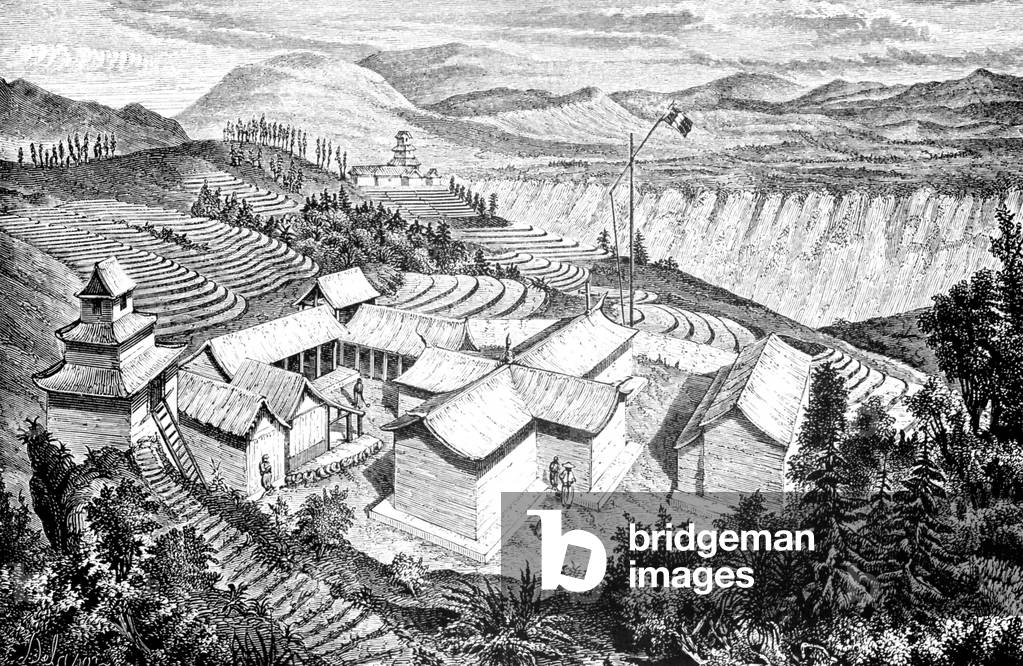 China: A French Catholic church and settlement in Long-ki in Yunnan province, as sketched by Louis Delaporte in 1868.