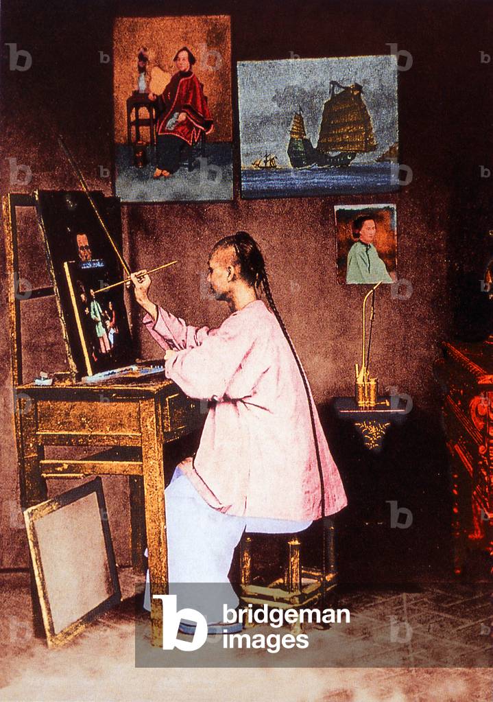 China: A painter copying paintings for sale to customers who were often Westerners, late Qing Dynasty, John Thomson, c.1895