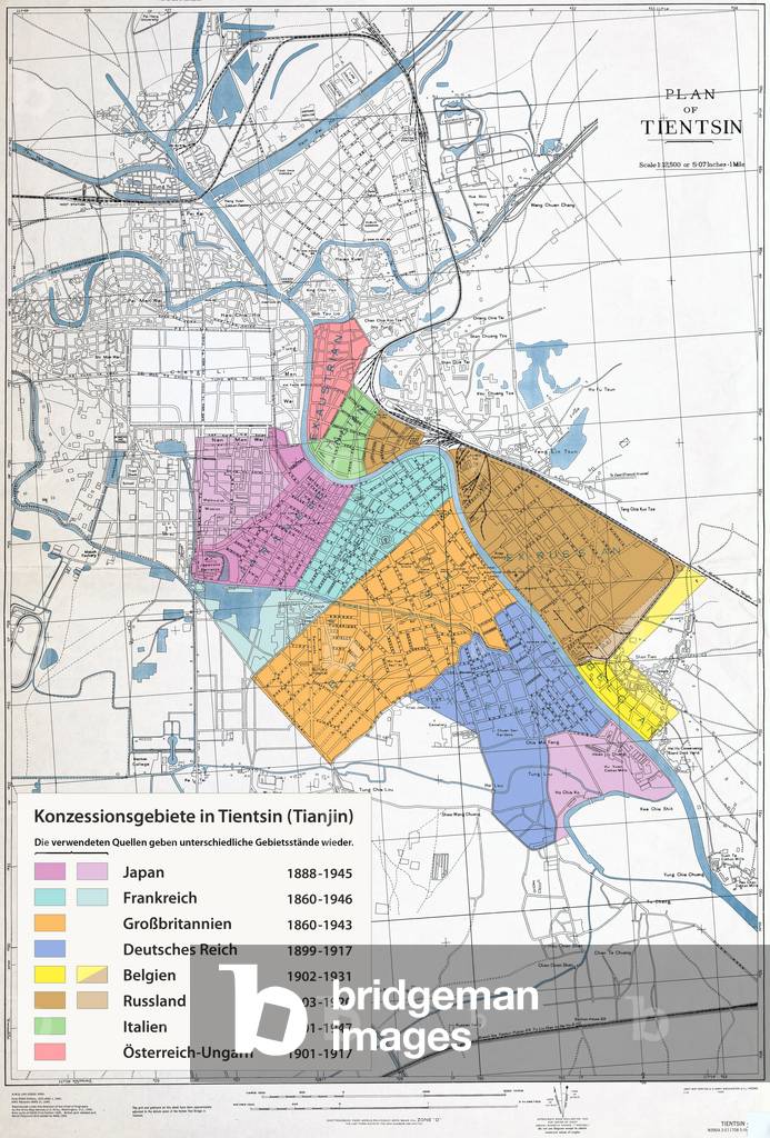 China: Karte der Konzessionsgebiete in Tientsin (Map of the Foreign Concessions in Tianjin), US Army Map Services, Washington DC, 1945, corrected and colourised by Maximilian Dorrbecker