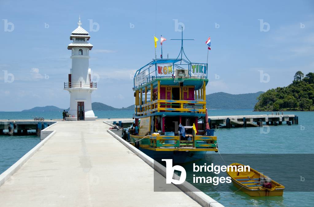Thailand: Dive boat at the pier next to the lighthouse, Bang Bao fishing village, Ko Chang, Trat Province