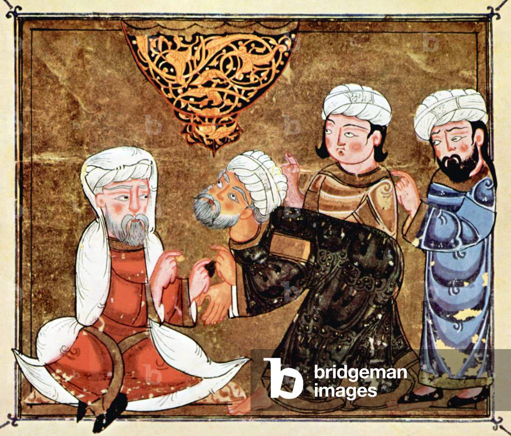 Iraq: Abû Zayd pleads before the Qadi of Ma'arra. Miniature from the 'Maqam' or 'Assembly' of Al-Hariri of Basra, 1335
