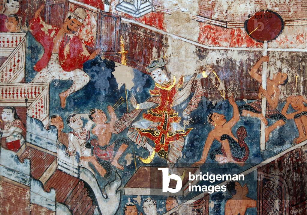 Thailand: Dancer, southern wall murals, Wat Buak Khrok Luang, Chiang Mai