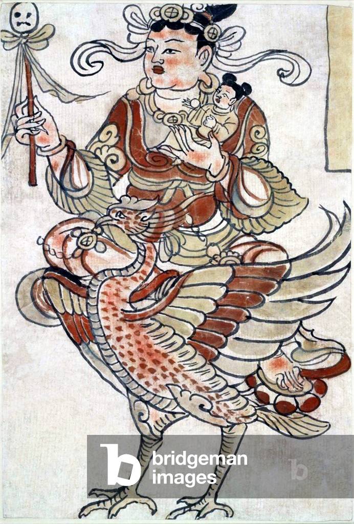 China: Prajapati or Brahma, the Creator of All Things, represented in ink and colours on paper. Mogao Caves, Dunhuang, Gansu, c. 850-900 CE