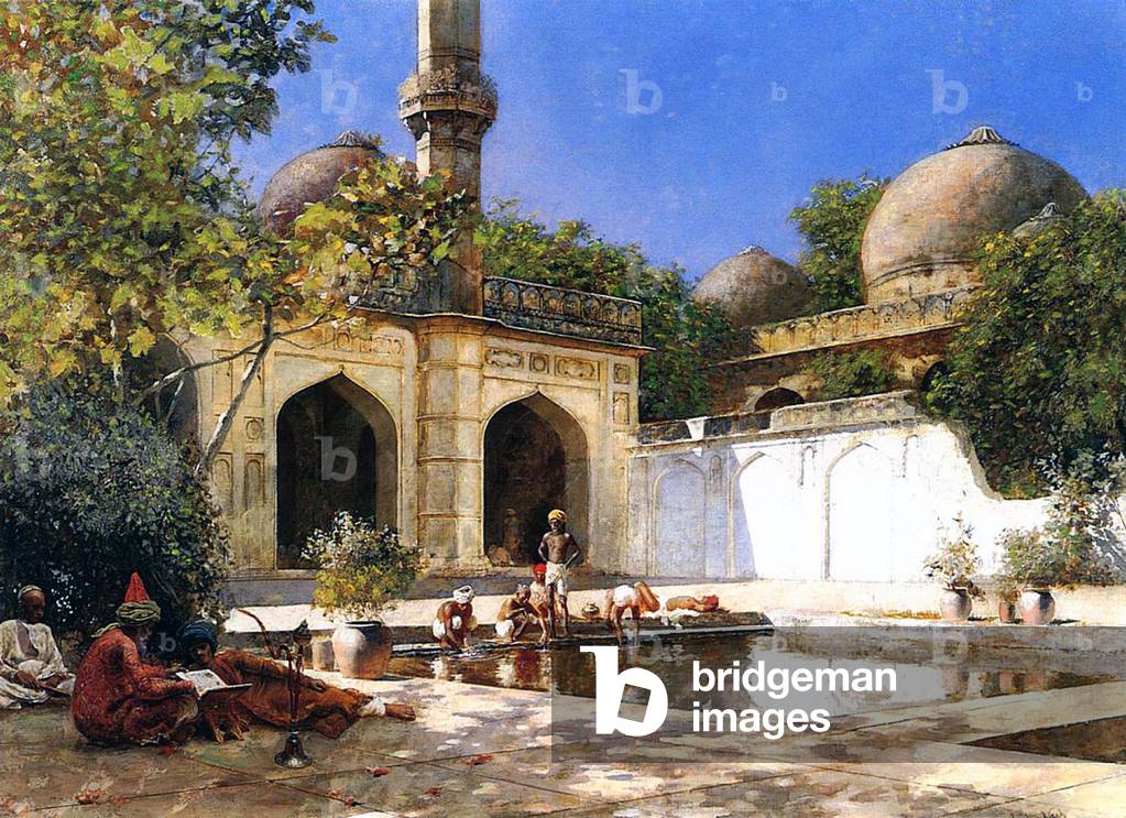 India: By a pond in the forecourt of a mosque, by Edwin Lord Weeks.