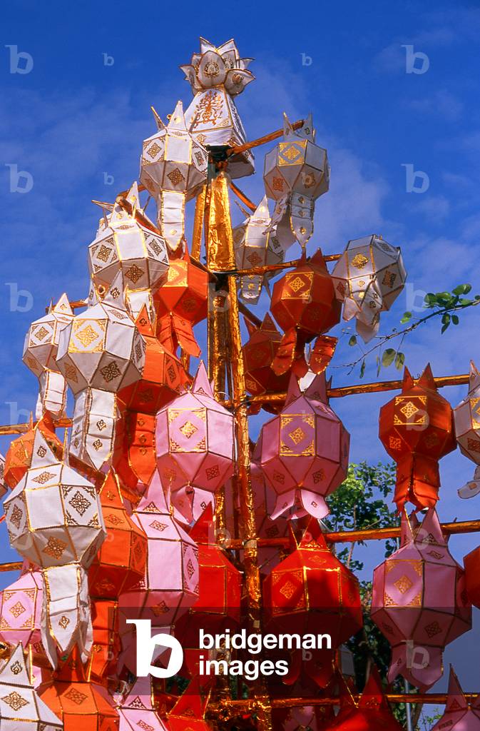 Thailand: Yi Peng Khom lanterns adorn the Thaphae Gate area, Loy Krathong Festival, Chiang Mai
