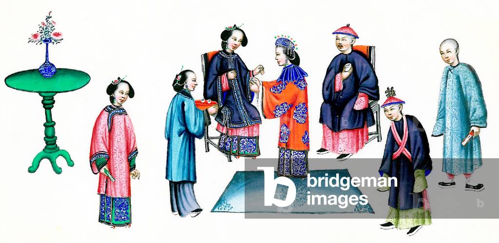 China: Domestic scene in an aristocratic household. Qing Dynasty watercolour painting by an anonymous artist, mid to late 19th century