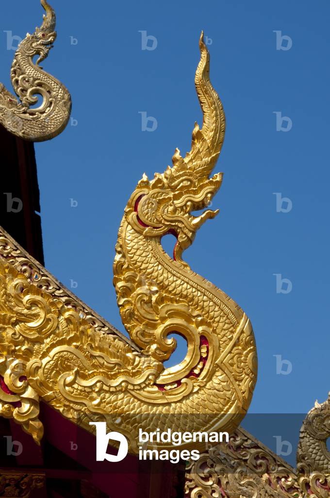 Thailand: Naga (mythical snake) bargeboard on the roof of the viharn at Wat Salaeng, Ban Chom Khwan, Amphoe Long, Phrae Province