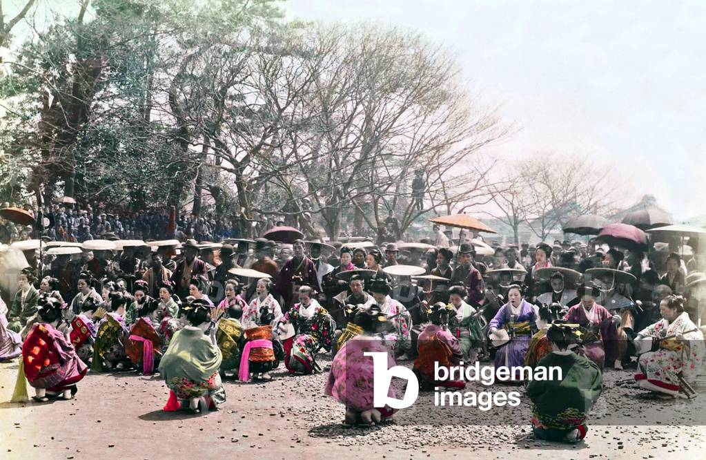 Japan: Musical entertainment and dance before a large crowd, 1890s