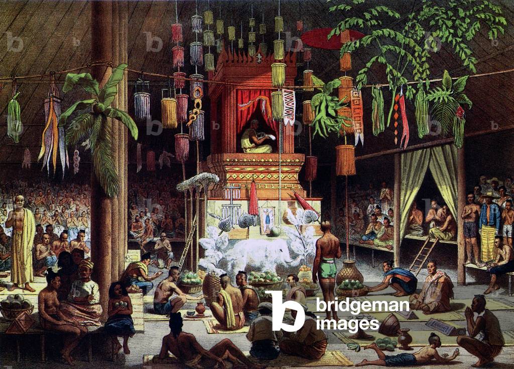 Thailand: A Full Moon festival at Nong Khai pagoda in Isan, sketched in 1866-67 by French expeditioner Louis Delaporte.