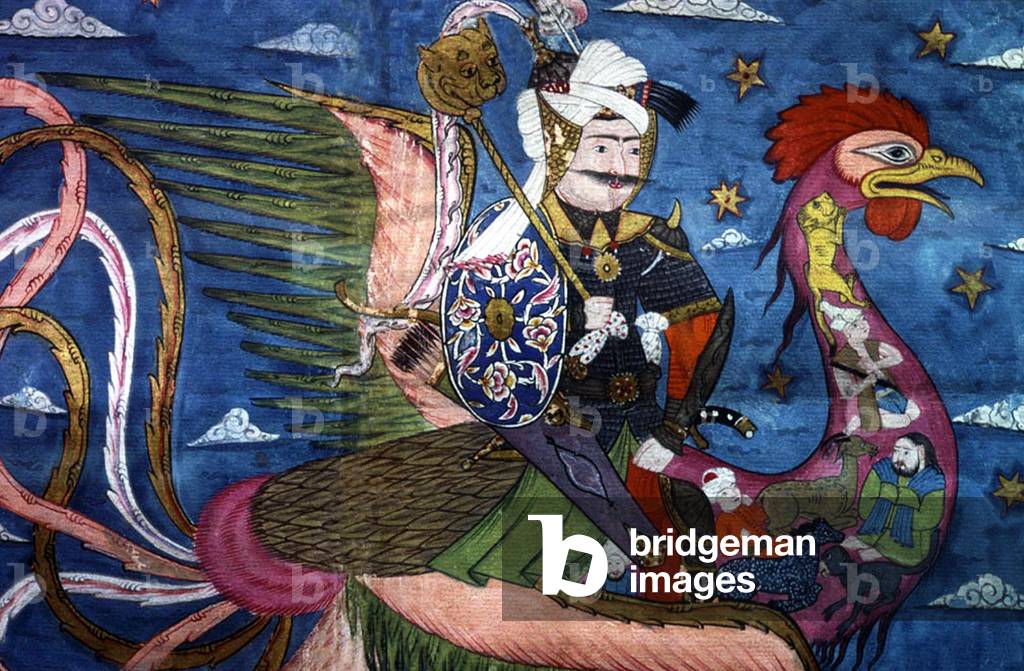 Central Asia / A bizarre - almost psychedelic - bird and rider, Siyah Kalem School, 15th century