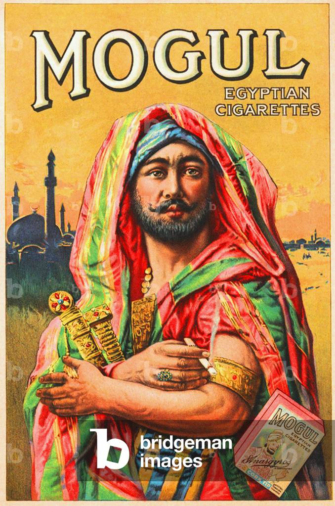 USA: Advertisement for 'Mogul' brand Egyptian cigarettes featuring a Middle Eastern man in robes against a backdrop of domes and  minarets, Sosterios Anargyros, New York, 1919