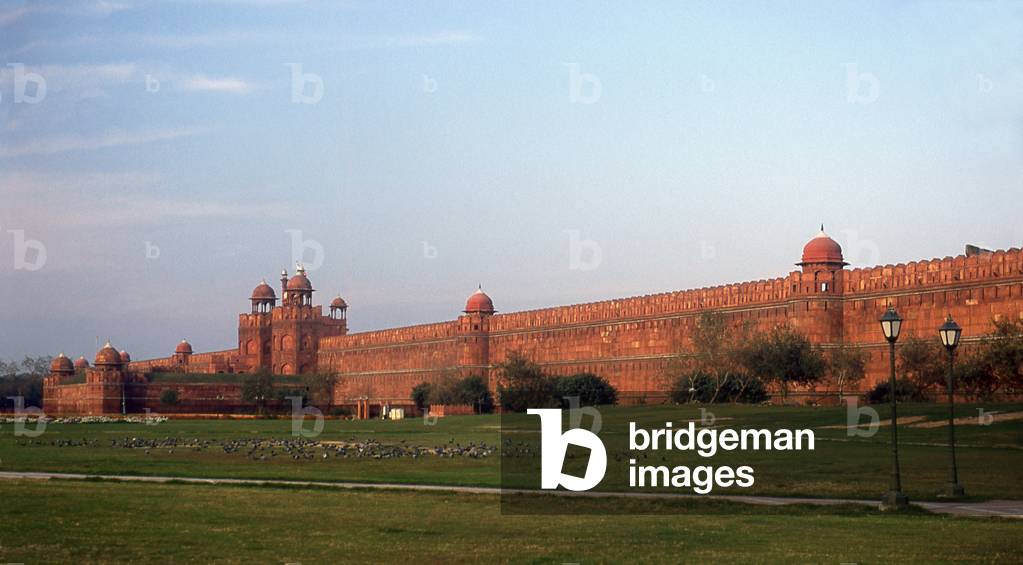 India: The red sandstone walls of the massive Red Fort, Old Delhi
