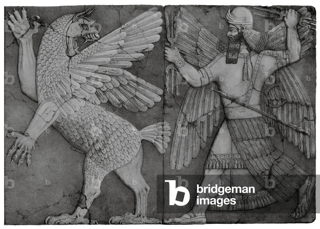 Marduk, sun god of Babylon, with his thunderbolts pursues Tiamat after the latter stole the Tablets of Destiny. Nineveh, c. 700 BCE (print)