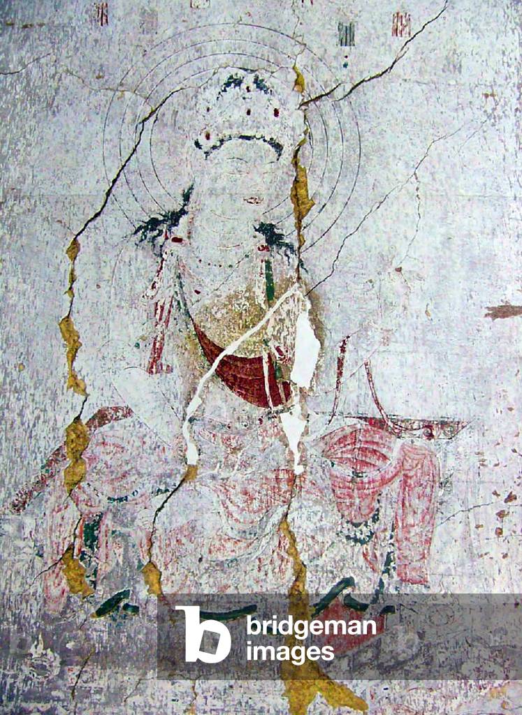 Japan: Lost Horyuji Temple fresco from a pre-1949 photograph: No. 8 wall, Manjyushuli, detail