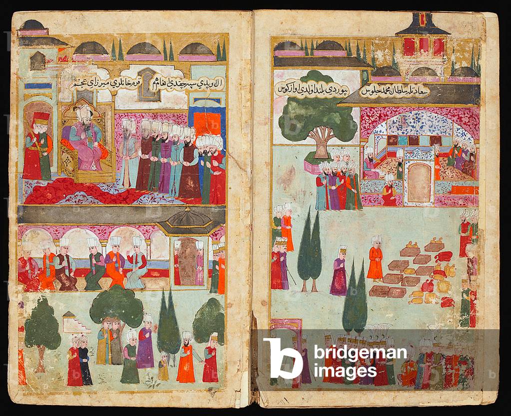 The double miniatures depict Mehmed III's enthronement in the Davudashpa Pavilion, from a Manuscript of his Campaign in Hungary, ca 1600