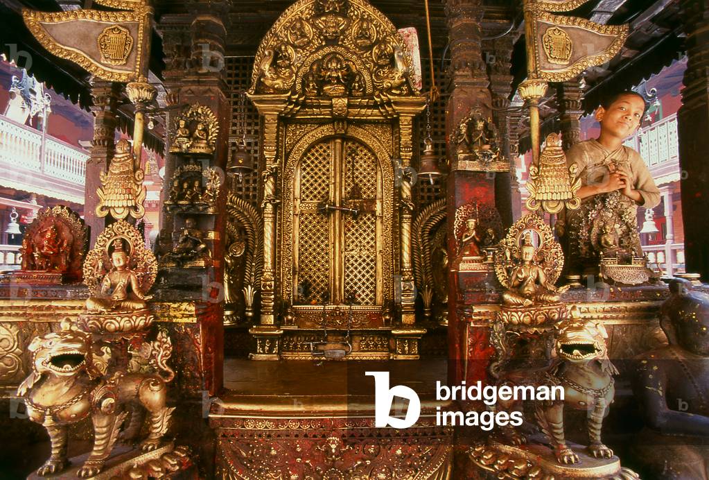 Nepal: The Swayambhu Chaitya shrine in the middle courtyard of the Golden Temple (Hiranyavarna Mahavihara), Patan, Kathmandu Valley (1998)
