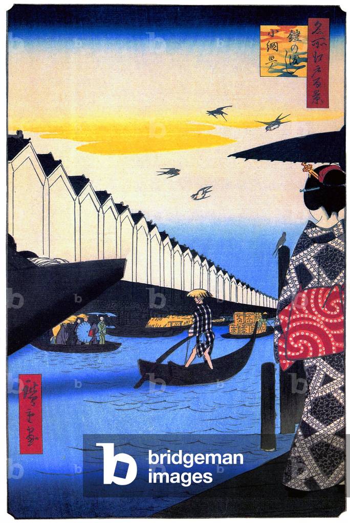 Japan: Summer: Nihonbashi River, Yoroi ferry. Image 46 of '100 Famous Views of Edo'. Utagawa Hiroshige (first published 1856-59)
