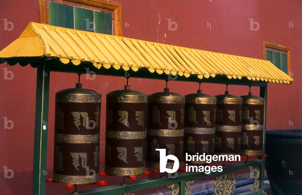 China: Prayer wheels, Wanfaguiyi Hall, Putuo Zongcheng Temple, Chengde, Hebei Province