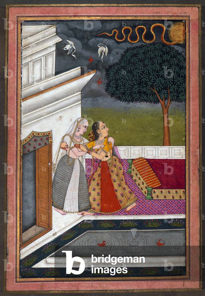 India: Two women by a fishpond. From an album or muraqqa' compiled in the Deccan in the late 19th century CE