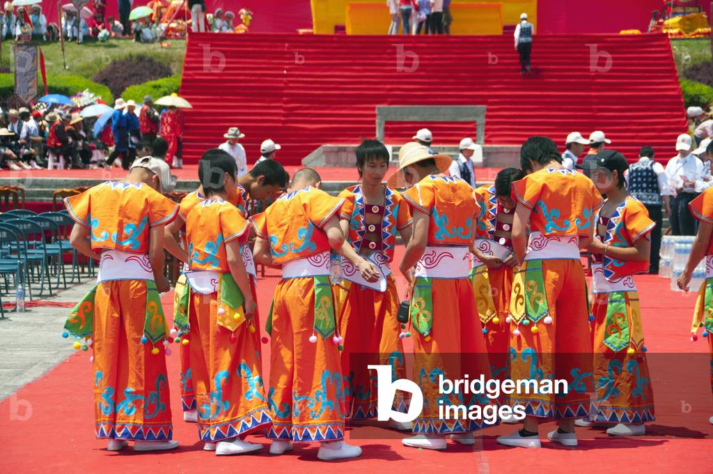 China: Bai dance troupe, Bai music and dance festival at San Ta Si (Three Pagodas), Dali, Yunnan