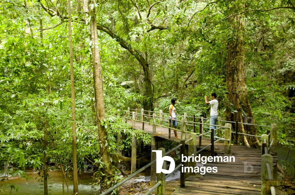 Thailand: Thai visitors on a boardwalk in the Than Bokkharani National Park, Krabi Province