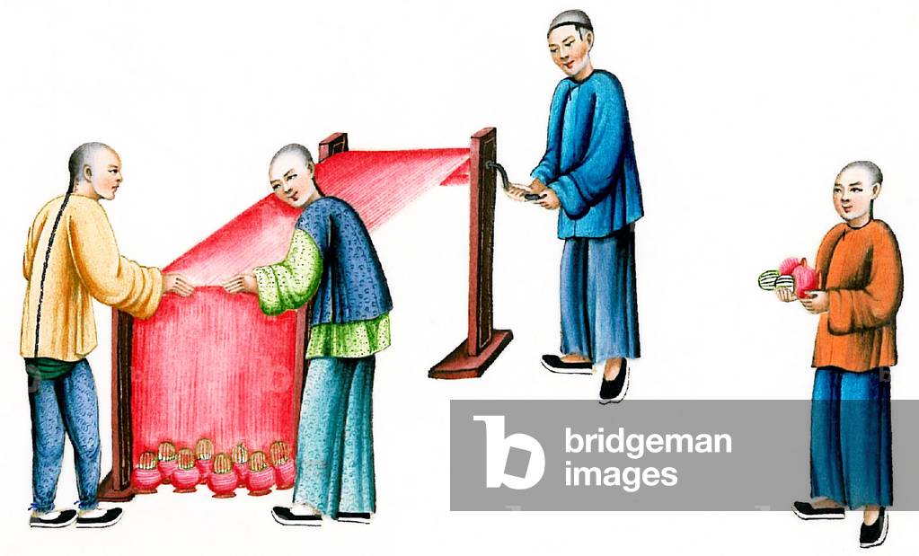 China: Silk Production - winding silk onto spools. Qing Dynasty watercolour painting by an anonymous artist, mid to late 19th century