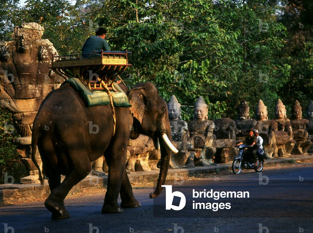 Cambodia: An elephant and its mahout approach the south gate of Angkor Thom