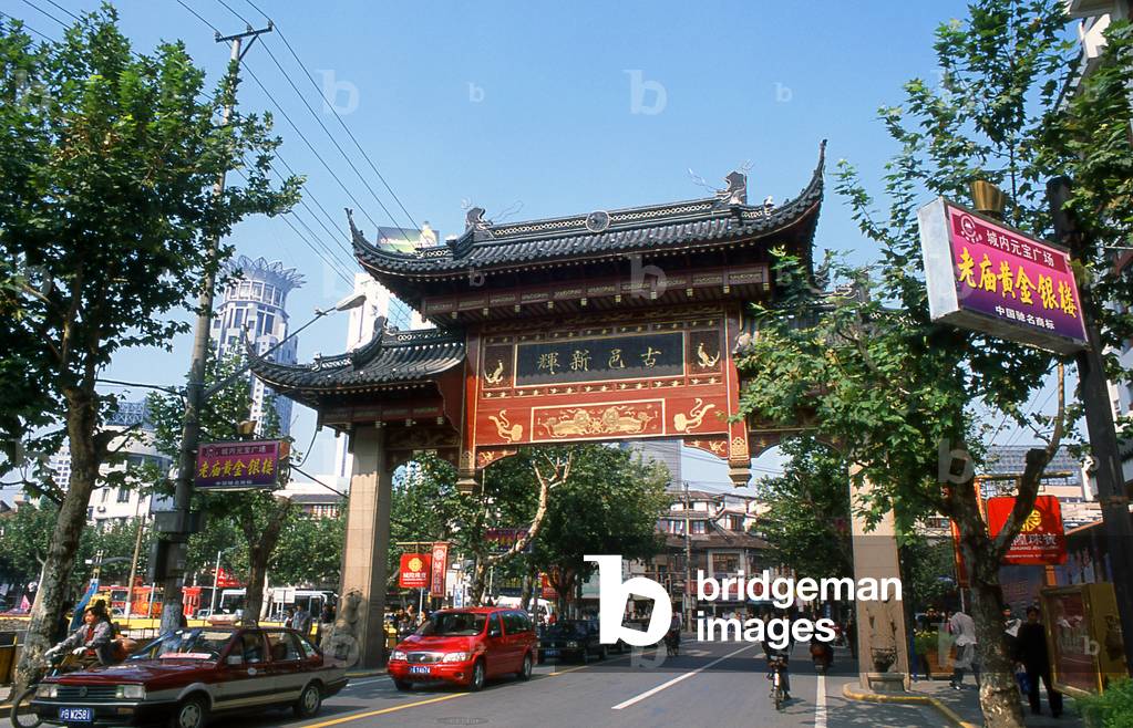 China: An elaborate paifang gateway leading to Nanshi or the Old Town, Yuyuan area, Shanghai