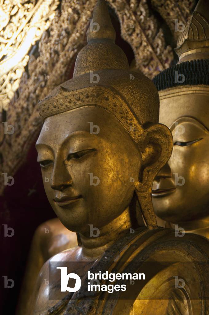 Burma / Myanmar: Local Shan (Tai Yai) style Buddha figures in the main viharn at Wat Jong Kham (Zom Kham) Pagoda, Kyaing Tong (Kengtung), Shan State